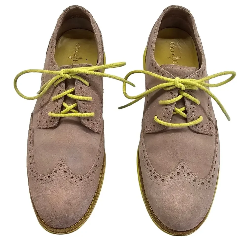 Cole Haan Shoes Womens Size 5.5 Tan Wingtip Oxford Suede Lace Up Chartreuse